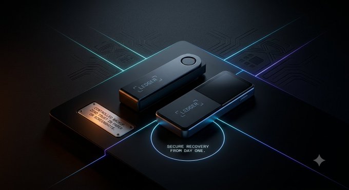 A Ledger hardware wallet and recovery device rest on a dark circuit-patterned surface with neon accents, displayed alongside a metallic recovery plate and the tagline "SECURE RECOVERY FROM DAY ONE." The image visually reinforces the post's message that secure crypto backup should be built into setup from the start, rather than left to fragile solutions like paper or screenshots.