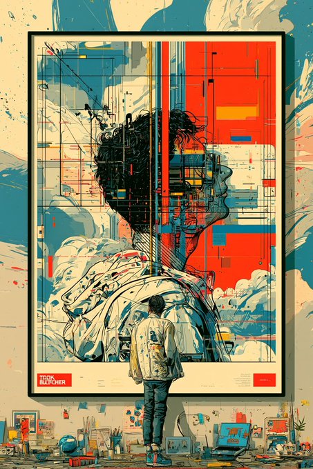 A person stands in an artist's studio viewing a large, vibrant abstract poster dominated by red, blue, and yellow tones with the text "TRICK RATCHER" visible in the corner.