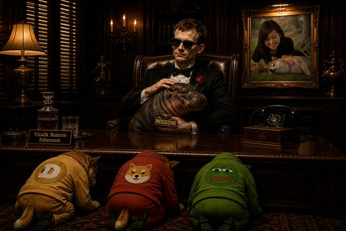 A surreal AI-generated image depicting Vitalik Buterin (labeled) wearing sunglasses at a desk with a pitbull dog named 'MOOGENG', while three dogs wearing Doge, Shiba Inu, and Pepe hoodies bow before him.