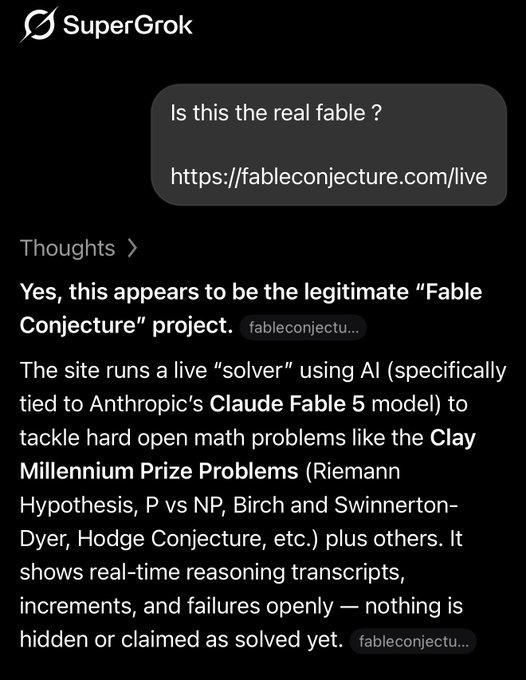 A SuperGrok chat screenshot where a user asks 'Is this the real fable?' with a link to fableconjecture.com/live, and Grok confirms it's the legitimate 'Fable Conjecture' project that uses AI to attempt Clay Millennium Prize Problems.