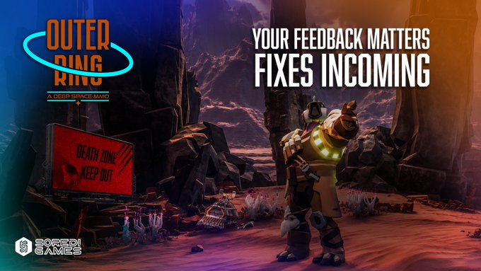 Promotional artwork for the video game 'Outer Ring: A Deep Space Mine' features a character in a yellow suit with text reading 'YOUR FEEDBACK MATTERS FIXES INCOMING' and a 'DEATH ZONE KEEP OUT' sign.