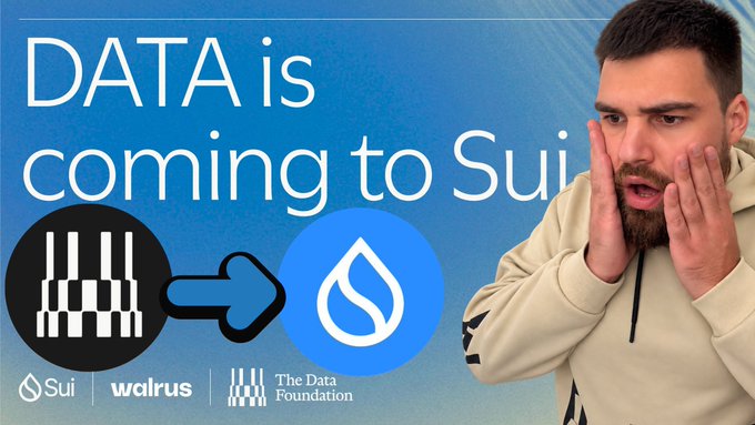 A promotional thumbnail with text 'DATA is coming to Sui' showing icons for Walrus moving to the Sui blockchain, with a man shouting next to it.