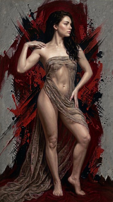 A digitally painted portrait of a woman with long dark hair wearing a sheer, elegant gown against a textured red and gray backdrop, rendered in a realistic artistic style.