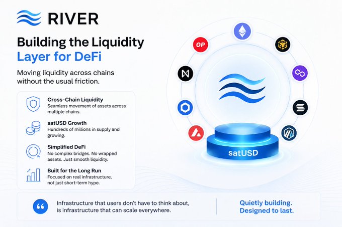 ersi.io's River logo and a blue circular platform with a white ring, surrounded by various cryptocurrency icons, are displayed on a white background.