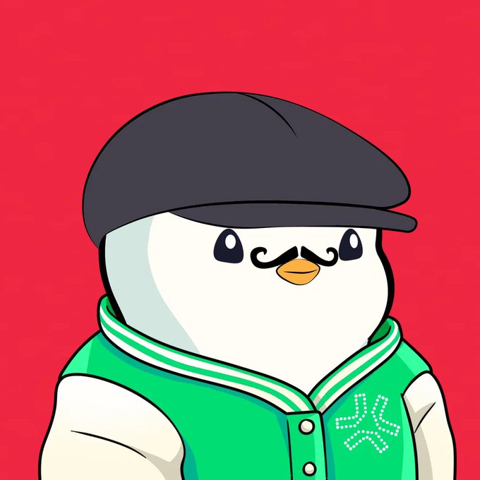 The image features a cartoon penguin wearing a green jacket, black hat, and a white shirt with green stripes. The penguin has a mustache and appears to be standing against a red background. The caption of the image reads "Happy XP Day Fam Which application did you use on abstract this week? I used Mog and Tollan @onchainheroes x @TollanUniverse".