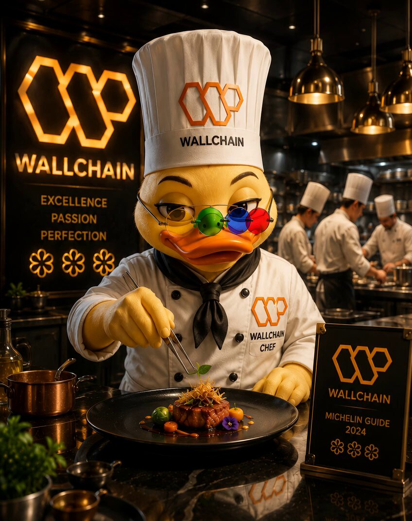 The image shows a chef dressed as a duck preparing food at a restaurant, with the sign "Wallchain" displayed above him. The post about @wallchain's latest Select update suggests that many people overlook the fact that around 68 creators were approved out of 30,000 applications. Most people focus on the 0.2% acceptance rate for the update. The image may evoke curiosity or interest in this information among those who see it.