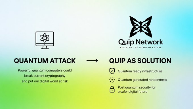 A presentation slide contrasts "QUANTUM ATTACK" risks with "QUIP NETWORK" as the solution, highlighting features like quantum-ready infrastructure, quantum-generated randomness, and post-quantum security.