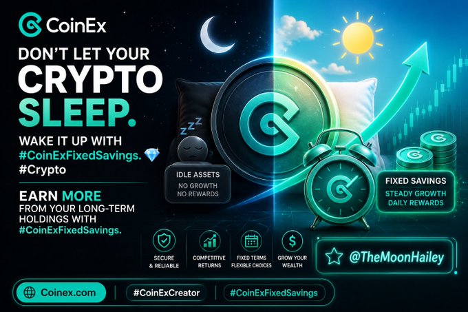 This CoinEx promotional image features the headline "Don't let your crypto sleep. Wake it up with #CoinExFixedSavings," contrasting an "Idle Assets" side (showing a sleeping figure under a crescent moon) with a "Fixed Savings" side (depicting an alarm clock under a sunny sky and rising growth arrow) to promote earning steady daily rewards on long-term crypto holdings. The image ties into the post's optimistic "#Altcoins gonna rise 30-50% in August" sentiment by positioning fixed savings as a way to capitalize on the anticipated altcoin rally with secure, competitive returns.