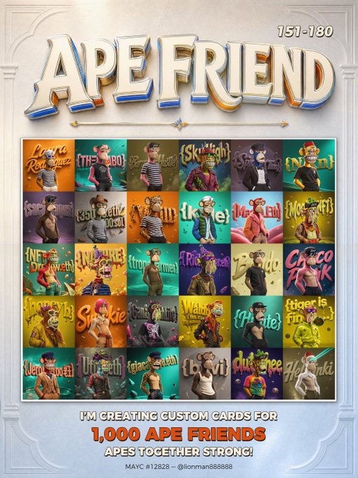 A custom card collection titled "APE FRIEND" displaying cards #151-180 in a 6x5 grid, featuring stylized ape illustrations with names like "Lana Rodriguez," "Skylight," and "Coco Silk" against colorful backgrounds. The text below reads "I'M CREATING CUSTOM CARDS FOR 1,000 APE FRIENDS - APES TOGETHER STRONG!" with "MAYC #12828 - @lionman88888," showcasing progress on the creator's BAYC-themed collection that aligns with the post's announcement of reaching 180 cards in the series.