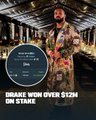 The image shows a man in a colorful jacket celebrating in what appears to be a casino or gambling venue, with an inset screen displaying a "Max Win" message. The overlay text reads "DRAKE WON OVER $12M ON STAKE," illustrating his massive $12.6 million gambling win on the Stake platform.
