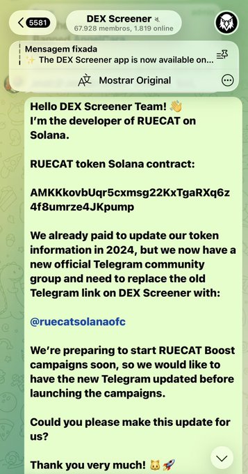 A Telegram chat screenshot showing a message to the DEX Screener team from the developer of RUECAT on Solana, requesting an update of their Telegram community link.