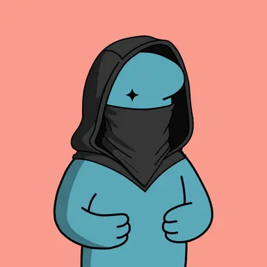 A digital drawing of a character wearing a black hoodie and mask with a single blue eye visible, set against a solid peach background.