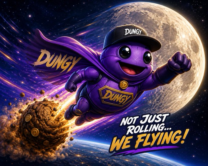 A vibrant promotional image for "DUNGY" featuring a purple superhero-like character flying through space near a moon, with the slogan "NOT JUST ROLLING... WE FLYING!"