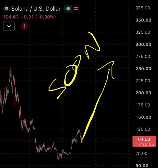 A Solana (SOL) candlestick chart is annotated with a large yellow upward arrow and a hand-drawn “BULL” message, projecting a rally from about $104 toward roughly $250. The chart header reads “Solana / U.S. Dollar” and shows 104.63, down 0.31 (−0.30%).