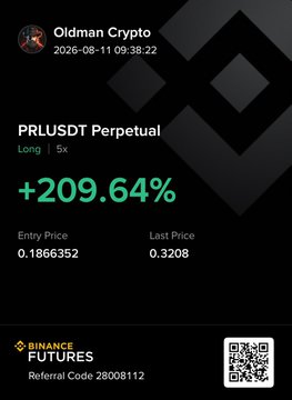 The image shows a Binance Futures trade card from "Oldman Crypto" dated 2026-08-11, displaying a successful PRlUSDT Perpetual long position with 5x leverage that gained +209.64%, with an entry price of 0.1866352 and last price of 0.3208, along with referral code 28008112.