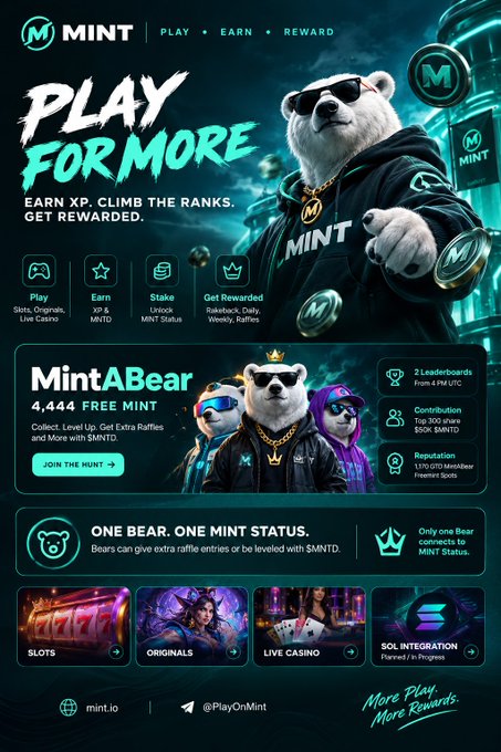 A promotional graphic for 'MINT' featuring an anthropomorphic bear wearing sunglasses and a hoodie, advertising 'PLAY FOR MORE' with gaming categories like Slots, Originals, Live Casino, and SOL Integration.