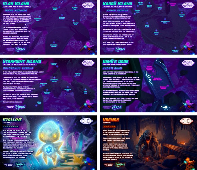 A multi-panel map displays various game locations like 'SLAB ISLAND', 'KARPU ISLAND', and 'STARPOINT ISLAND', each with descriptions of creatures like 'WARDU', 'DUNMERIN', and 'URBANUK'.