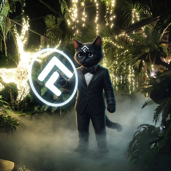 A digital illustration of a black cat wearing a formal black suit and bow tie, standing in a misty forest setting with string lights, holding a glowing white geometric logo.