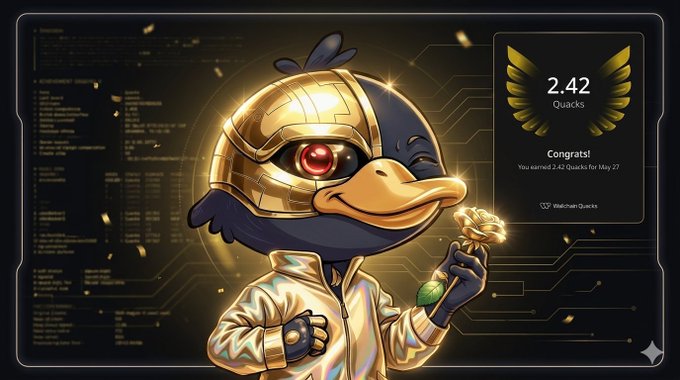 The image features a cartoon duck wearing a gold suit, holding a rose with its beak. The background of the image is black, which contrasts with the yellow and red colors of the duck's costume. In the bottom right corner of the image, there is text that reads "Good evening Quackers Just earned 2.42 Quacks on @wallchain in one day What about you?". This suggests that the cartoon duck has achieved a high score or milestone in the game, and it wants to share its accomplishment with others by posting about it on social media platforms like Twitter.