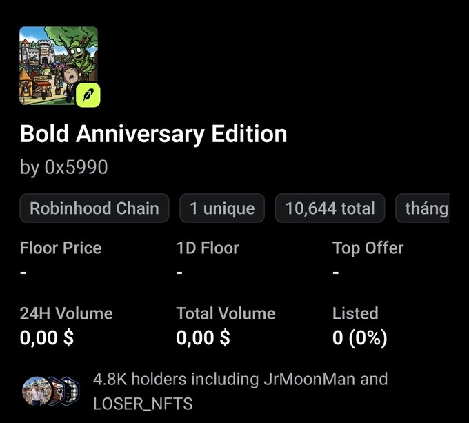 An NFT collection page titled 'Bold Anniversary Edition' by 0x5990 on Robinhood Chain, showing 1 unique item out of 10,644 total, with no floor price, volume, or listings, and 4.8K holders.