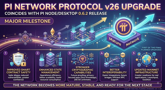 The image is an infographic titled "PI NETWORK PROTOCOL v26 UPGRADE" highlighting it as a major milestone coinciding with the Pi Node/Desktop 0.6.2 release, featuring five key improvements: improved smart contract safety, enhanced state management, stronger cryptographic capabilities (with ZKP mentioned), better interoperability (RPC, SPS), and updated mainnet infrastructure for real applications like Launchpad and Solohost, with a concluding message that "THE NETWORK BECOMES MORE MATURE, STABLE, AND READY FOR THE NEXT STAGE."