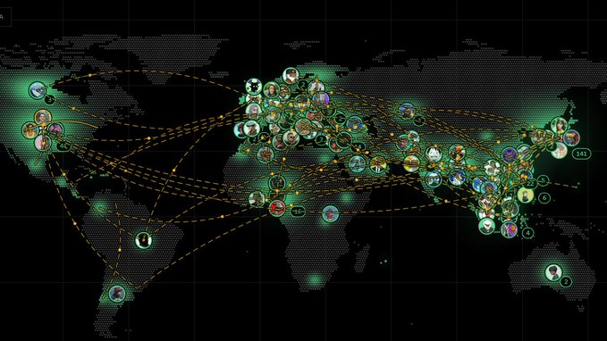 A dark-themed world map visualizes a global network of user avatars connected by glowing orange lines, showing widespread participation across regions like North America, Europe, and Asia, with visible numbers (e.g., 143, 256, 380) labeling select nodes—illustrating the worldwide engagement in the community referenced in the post.