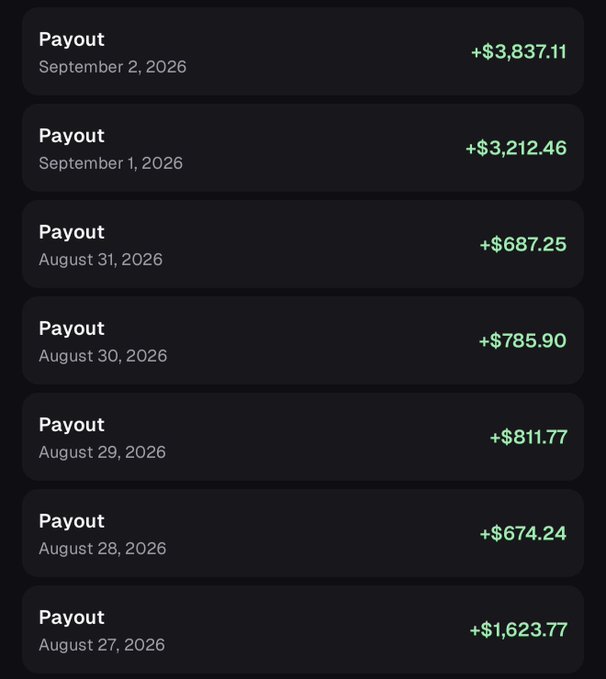 A payout history list on a dark background showing daily earnings, with September 2, 2026 at +$3,837.11, September 1 at +$3,212.46, and several earlier dates ranging from +$674.24 to +$1,623.77.