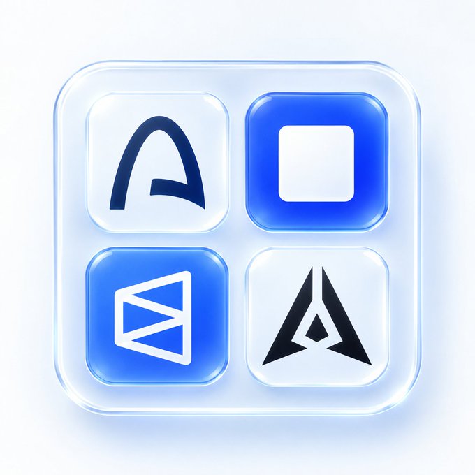 A glossy, glassy app icon divided into four rounded squares featuring stylized blue and white geometric logos, including a curved 'A', a white square on blue, a triangular emblem, and an angular 'A' design.