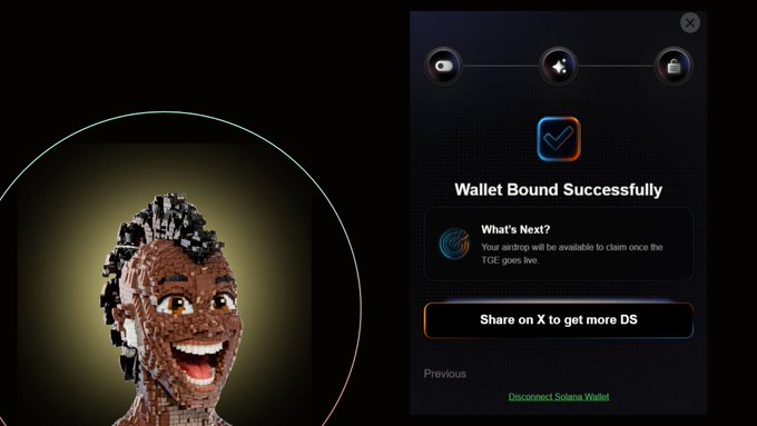 The image shows a webpage with a cartoon character face and a message about connecting a wallet to an airdrop portal. The text on the screen reads "I just connected my Phantom wallet to the DSCVR1 airdrop portal, and it was pretty straightforward if you've been on DSCVR since the early days". This information is related to the post because it provides context for the image's content by connecting it to the original message about connecting a wallet.