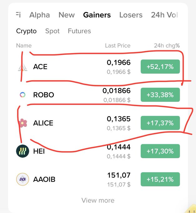 A cryptocurrency app screenshot showing the 'Gainers' tab with ACE (+52.17%), ROBO (+33.38%), ALICE (+17.37%), HEI (+17.30%), and AAOIB (+15.21%) highlighted in red.