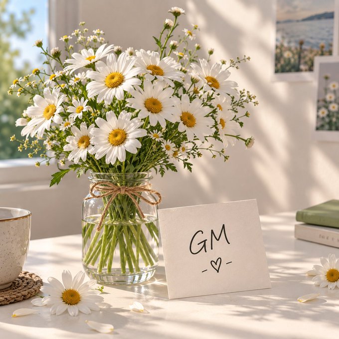 A still life featuring a glass jar vase filled with white daisies tied with twine, next to a handwritten note that reads 'GM <3' on a sunlit surface with a coffee cup and books.