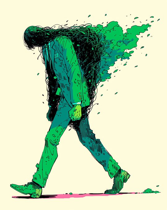 The image features a man walking down a street, wearing a suit and green shoes. The man has long hair that flows behind him as he walks. There are no texts or other objects visible in the image. The focus of the image is on the man's attire and his movement along the sidewalk.