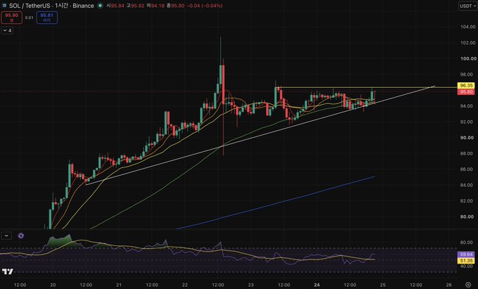 A candlestick chart of the SOL/TetherUS pair on Binance shows prices around $95.80 with moving averages and an ascending trendline.