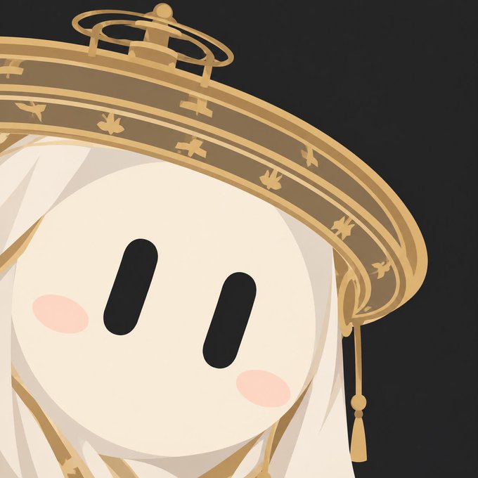 A minimalist illustration of a white hooded figure with simple black oval eyes and pink cheek blush, wearing an ornate gold crown with cross-like decorations against a dark background.