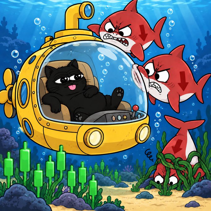 A cartoon illustration shows a black cat relaxing inside a yellow submarine underwater, surrounded by three angry-looking red sharks with downward arrows on their bodies.