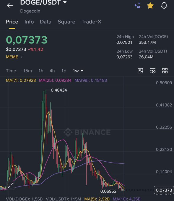 A Binance price chart for Dogecoin (DOGE/USDT) showing a current price of $0.0373, down 1.42%, with a weekly view displaying a notable peak of $0.48434. The chart visually supports the user's post about their average cost basis being around $0.09-$0.10, as DOGE's current price sits well below their entry point, illustrating the unrealized loss while they continue to hold.