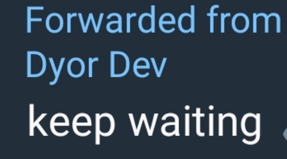 A dark blue text message screenshot shows a forwarded notification from "Dyor Dev" stating "keep waiting." This relates to the post about GIWA mainnet being live but the RPC currently being down, suggesting that the community should continue to wait for the network to be fully operational again.