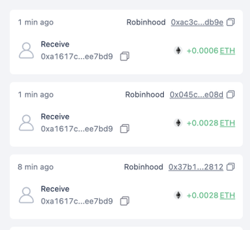 This image shows recent Ethereum (ETH) transactions received by the address 0xa1617c...ee7bd9 from Robinhood, totaling +0.0086 ETH. The accompanying post expresses concern to "@tiny_hoods" about a potential "rug," implying that the recipient might be withdrawing funds from a project.