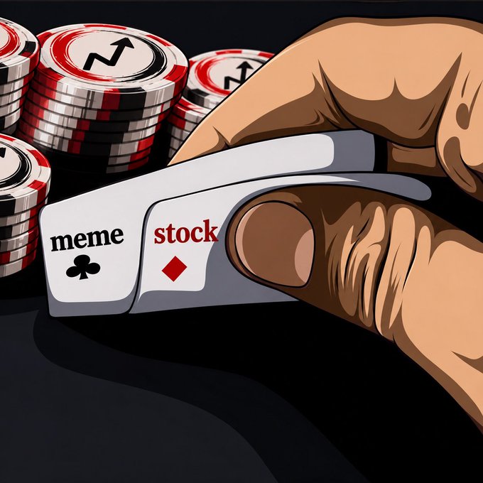 A cartoon illustration shows a hand holding a two-card poker hand labeled 'meme' (clubs) and 'stock' (diamonds) over a pile of poker chips, symbolizing the intersection of meme stocks and trading.