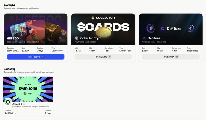 A cryptocurrency token sales webpage displays 'Spotlight' projects including HEEBOO, CARDS, and DeFiTuna, plus a 'Bootstrap' section featuring ChenpX.