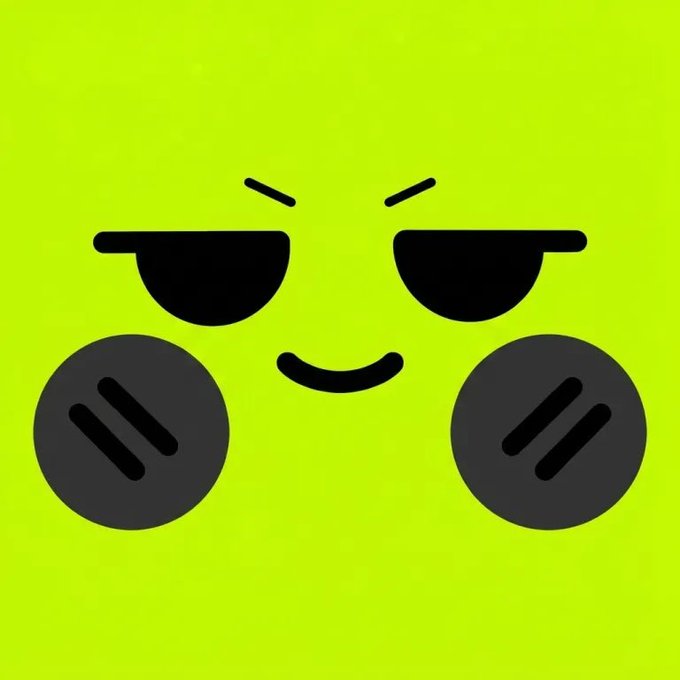 A bright green cartoon emoji face with half-closed skeptical eyes, a small smirk, and two dark gray scratch or bruise marks on its cheeks.