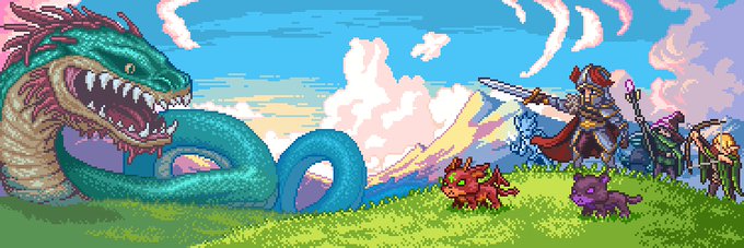 A pixel art scene depicting a fierce battle between a massive serpentine dragon and a group of armored adventurers wielding swords and bows on a grassy hilltop, which captures the fantasy RPG adventure aesthetic of the Fabled Chronicle NFT project.