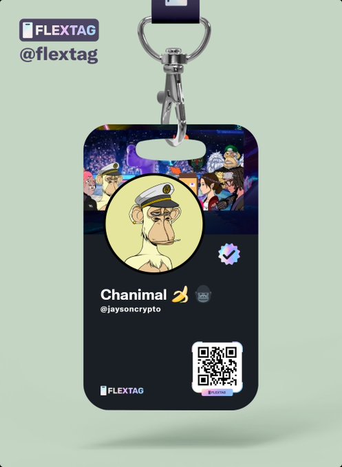 A 'FLEXTAG' digital keychain from @flextag is displayed, featuring a profile for 'Chanimal' (@jaysoncrypto) with a Bored Ape-style NFT character and a QR code.