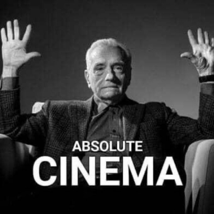 A black-and-white image shows an older man in a tweed jacket raising both hands with palms facing forward, accompanied by the large white text 'ABSOLUTE CINEMA'.