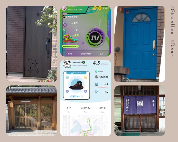 A collage titled "Street Hunt Doors" features four photographs of doors—a modern wooden door with floral cutouts, a vibrant blue door, a traditional Japanese wooden gate, and a purple noren curtain storefront—alongside two STEPN app screenshots showing a 2.3 G/Min Sneaker ranking and a 4.5 G/Min run with +302.28 GMT earned, tying the "Doors" theme to the STEPNGO StreetHunt challenge.