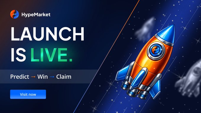 The image shows a banner advertisement promoting an upcoming Prediction Market game called "The much-anticipated Prediction Market from @toonswapsupra Labs is here! → @HypeMarketTrade is now live on mainnet, just in time for the World Cup. → With 6.4m in $SUPRA for incentives and deeply liquid markets, this is set to cook. → Not only are these markets fun". The banner features a rocket ship with the words " Launch is Live" above it, accompanied by text explaining the game's theme and offering rewards.