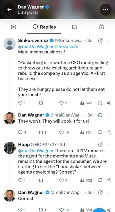 An X (Twitter) post by Dan Wagner (@realDanWagner) replying to @Sinkorswimx with comments about Meta's AI business strategy, mentioning Zuckerberg and agents for merchants/Muse.
