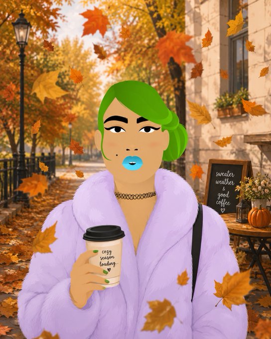 A digital illustration features a woman with bright green hair wearing a lavender fur coat and blue lipstick, holding a coffee cup labeled 'cosy season loading' amid falling autumn leaves.