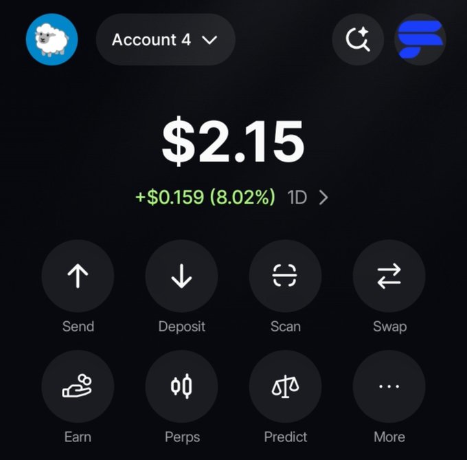 A crypto wallet app interface showing Account 4 with a balance of $2.15 (+$0.159, 8.02% in 1D), featuring options like Send, Deposit, Scan, Swap, Earn, Perps, Predict, and More.