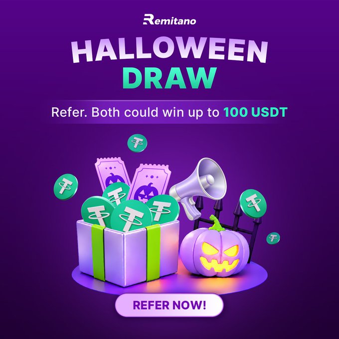 A purple promotional graphic for Remitano's Halloween Draw, featuring a gift box with USDT coins, a megaphone, and a jack-o'-lantern, with text reading 'HALLOWEEN DRAW - Refer. Both could win up to 100 USDT' and a 'REFER NOW!' button.